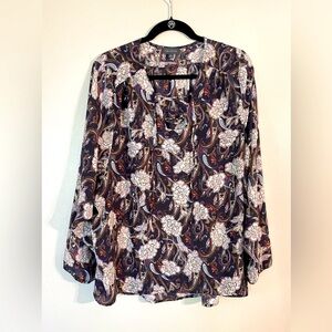 The Limited | Lace-Up Front Long Sleeve Navy Floral Chiffon Blouse